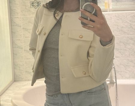 Cremeweisse Blazer Jacke Frühlingsmode elegant Gr. S 36