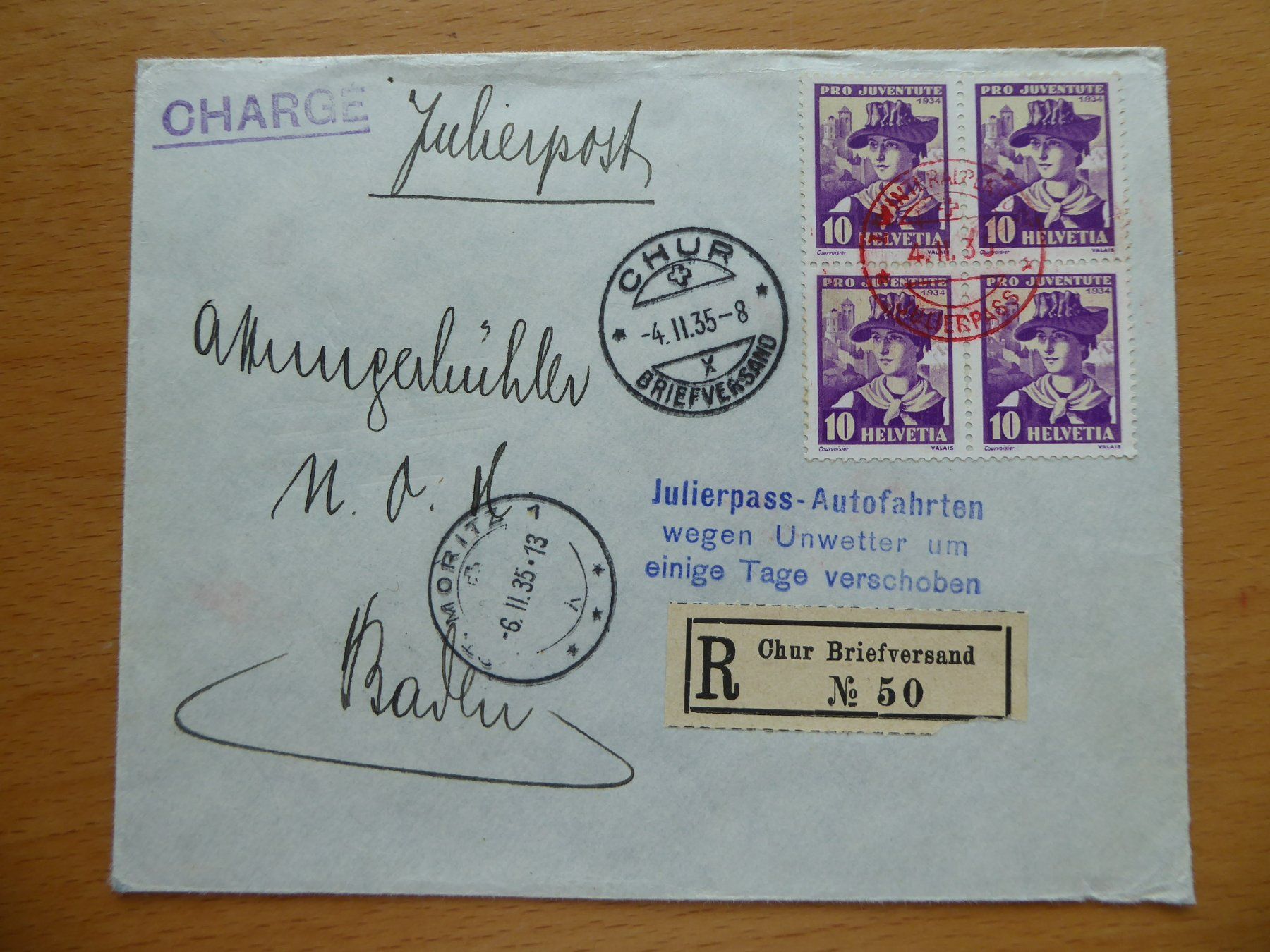 Tous les timbres: 1935 PJ Viererblock Beleg – D'occasion à Rothrist par swisstools