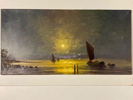 Landschaftsgemälde signiert mit Boot an Küste tiefer Sonne