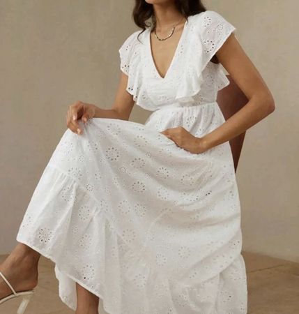 Kleid weiss Lochstickerei volant Grösse S Midikleid