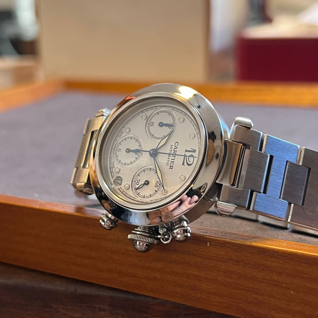 Cartier Orologi: Cartier Pasha C Automatic Chronograph Full Set W31039M7 – Usato da Carouge GE venduto da Watchaser 6