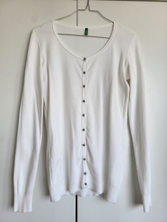 Benetton Damen Strickjacke, Gr. L/M  - weiss, Baumwolle