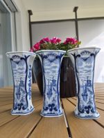 ​3er Set Vintage Delft Blau Vasen – Windmühle & Segelboot
