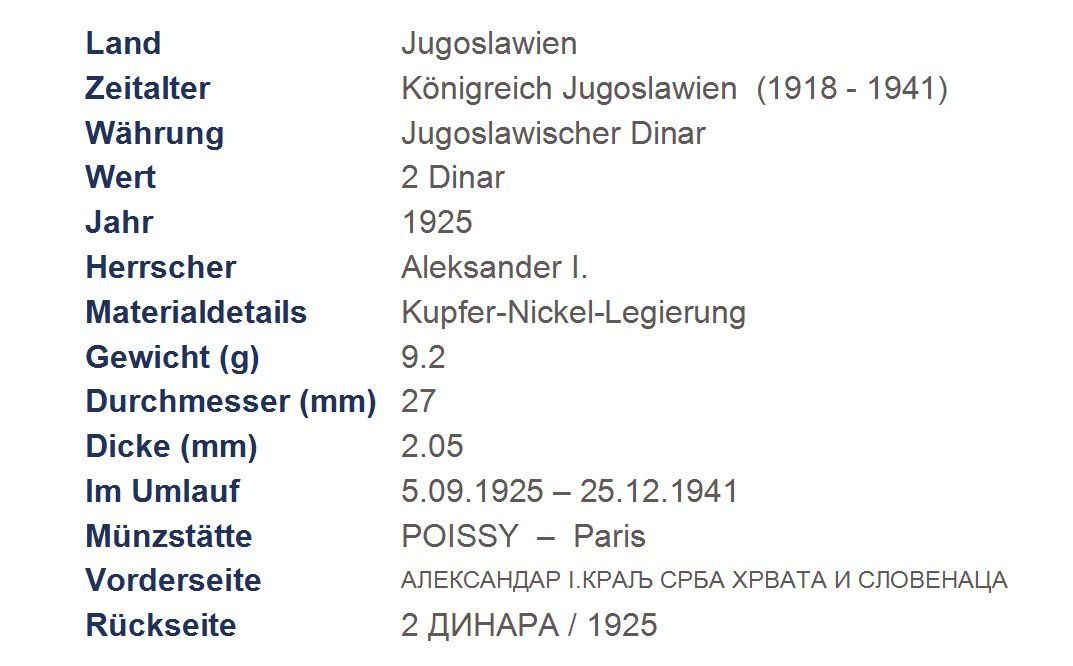 Tutti le monete: 2 Dinar 1925 Serbien UNZ RRR – Usato da Flamatt venduto da samowarow 1