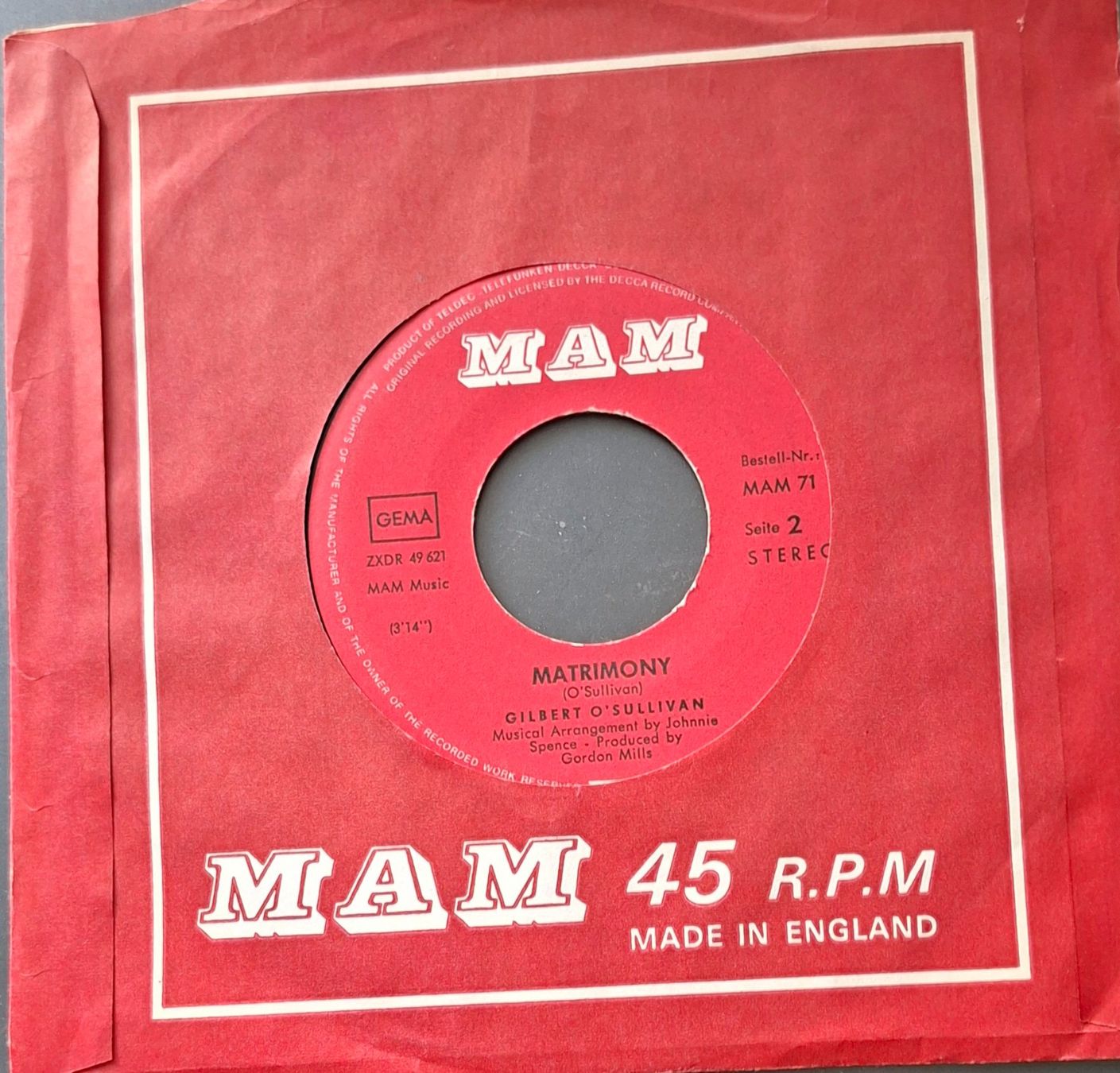 Dischi in vinile: Vinyl-Single Gilbert O'Sullivan - Matrimony – Usato da Langenthal venduto da Modo39
