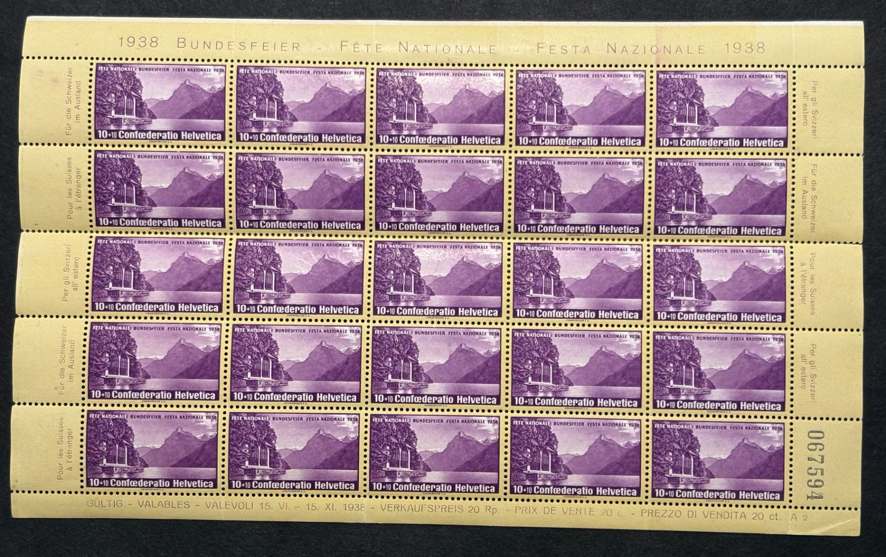 Tutti i francobolli: 20ER BLOCK BUNDESFEIER 1938 – Usato da Ostermundigen venduto da Heavenmaus75