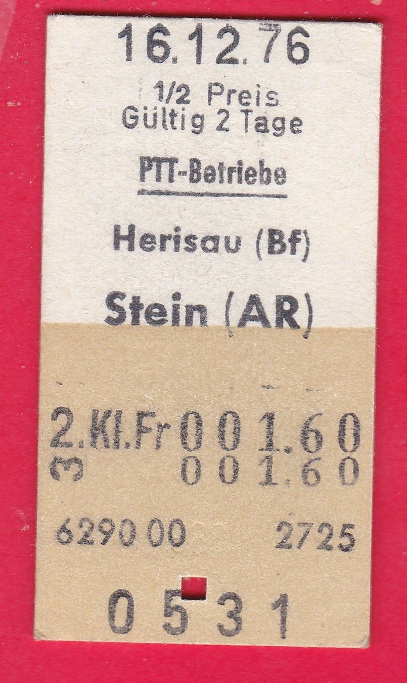 Tickets: KARTON BILLETT, PTT, HERISAU - STEIN(AR),2.KLASSE, EINFACH, – Gebraucht aus Oberrieden von Gebirgsstelze