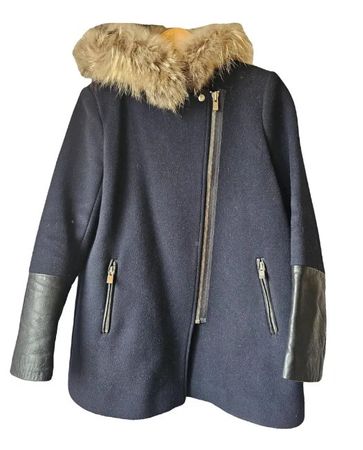 Manteau Sandro en laine, cuir et fourrure