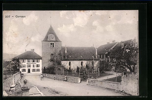 Cartoline postali: AK Cornaux, Strassenpartie an der Kirche – Usato da Berlin venduto da bartko-reher