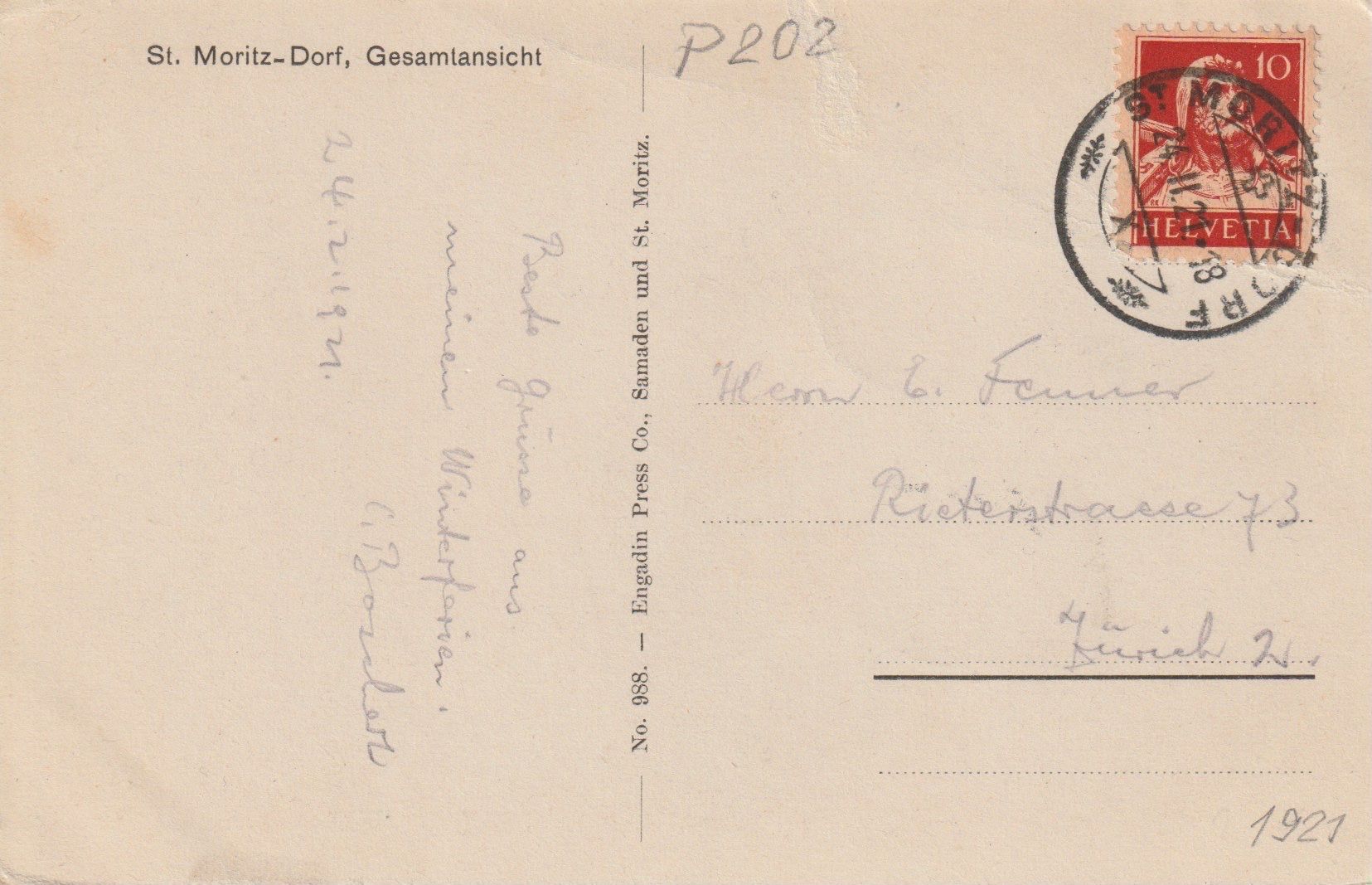Cartoline postali: P 202 St. Moritz-Dorf, Gesamtansicht, 1921 – Usato da Freienbach venduto da Bhaltis 1