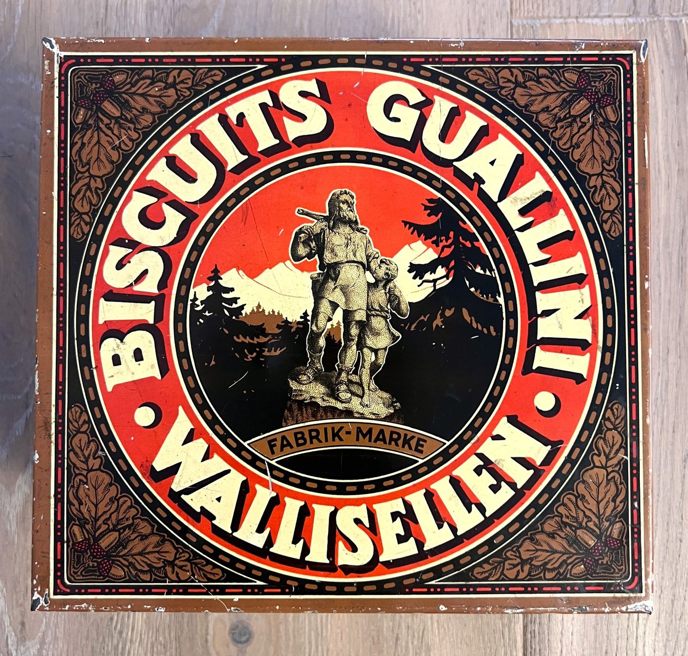 Barattoli: Antike Blechdose "BISCUITS GUALLINI , WALLISELLEN TELL" top! – Usato da Rothrist venduto da Brandystar 2