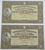2  schöne ungefaltete Schweizer 5 Franken-Banknoten 1951/52
