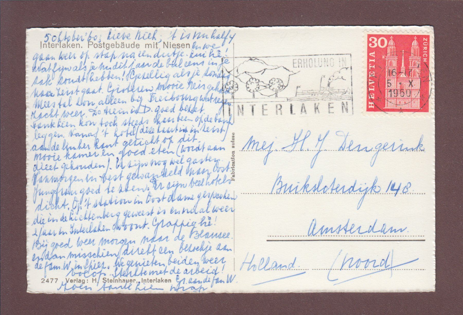 Cartoline postali: INTERLAKEN - Postgebäude - Niesen - 1960 – Usato da Pully venduto da nicecards 1
