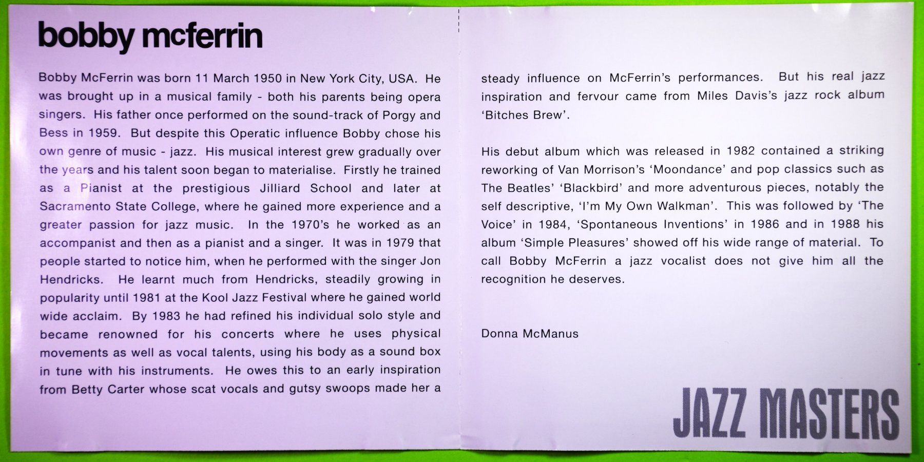 CD: BOBBY McFERRIN / JAZZ MASTERS / FROM ORIGINAL RECORDINGS – Nuovo (secondo la descrizione) da Luzern venduto da piro12 3