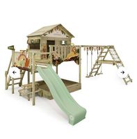 Spielhaus mit Rutsche, Doppelschaukel und Sandkasten