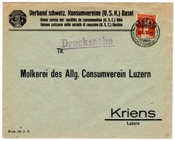 Perfin "Viererkelle" auf Drucksache von BASEL nach KRIENS