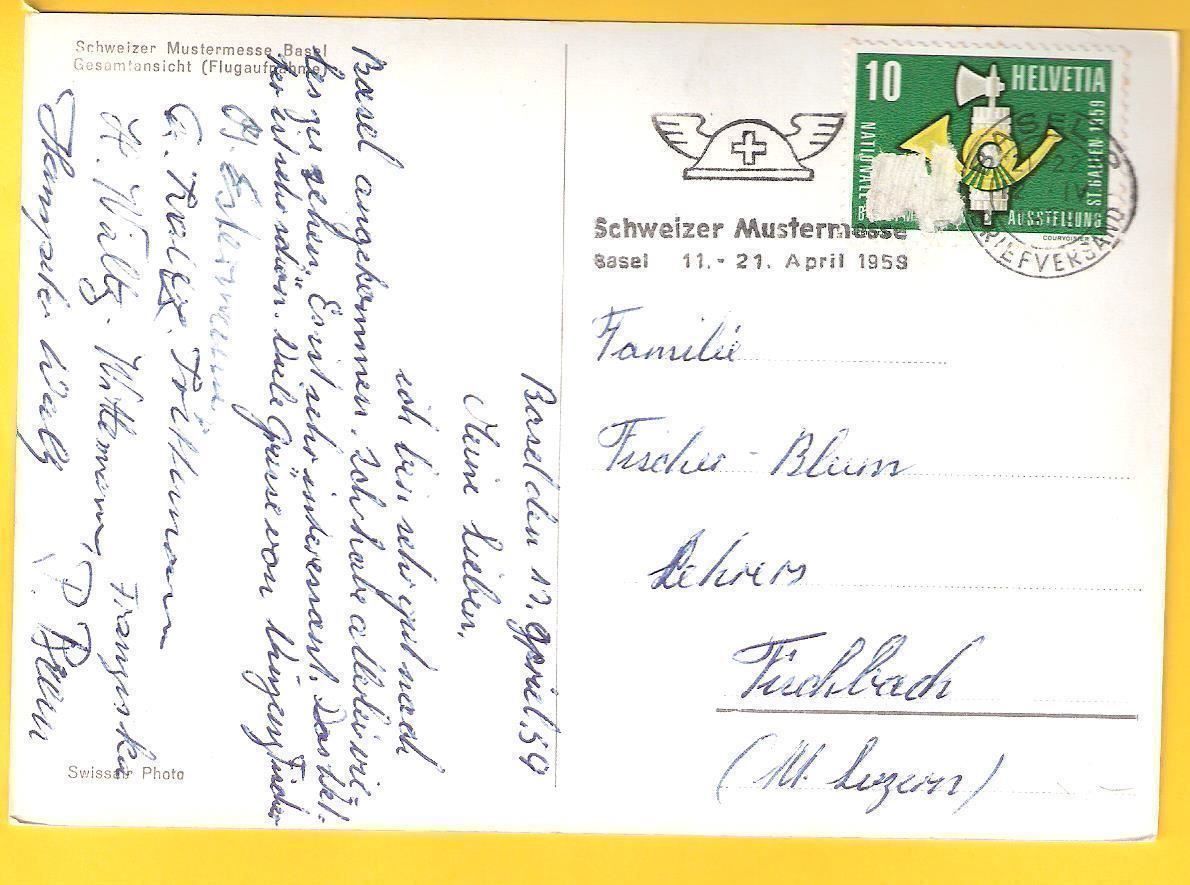 Cartoline postali: 12.4.59 Basel/Schweiz. Mustermesse/Luftaufnahme – Usato da Zürich venduto da Hagliweg 2