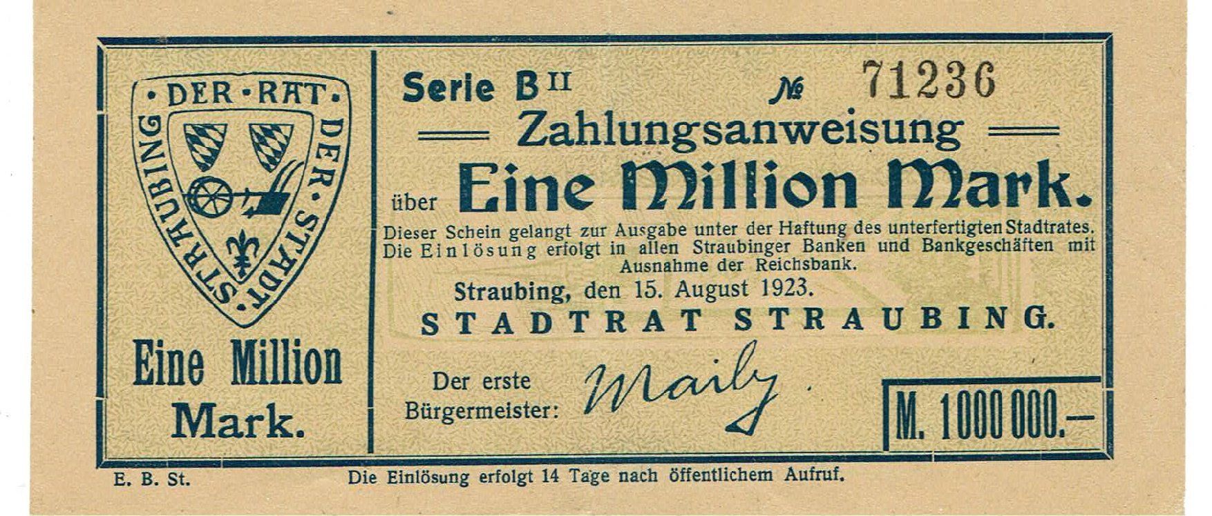 Banconote: Straubing 1 Mil. Mark 15.08.1923 VZ+ – Usato da Steffisburg venduto da ber_8htf