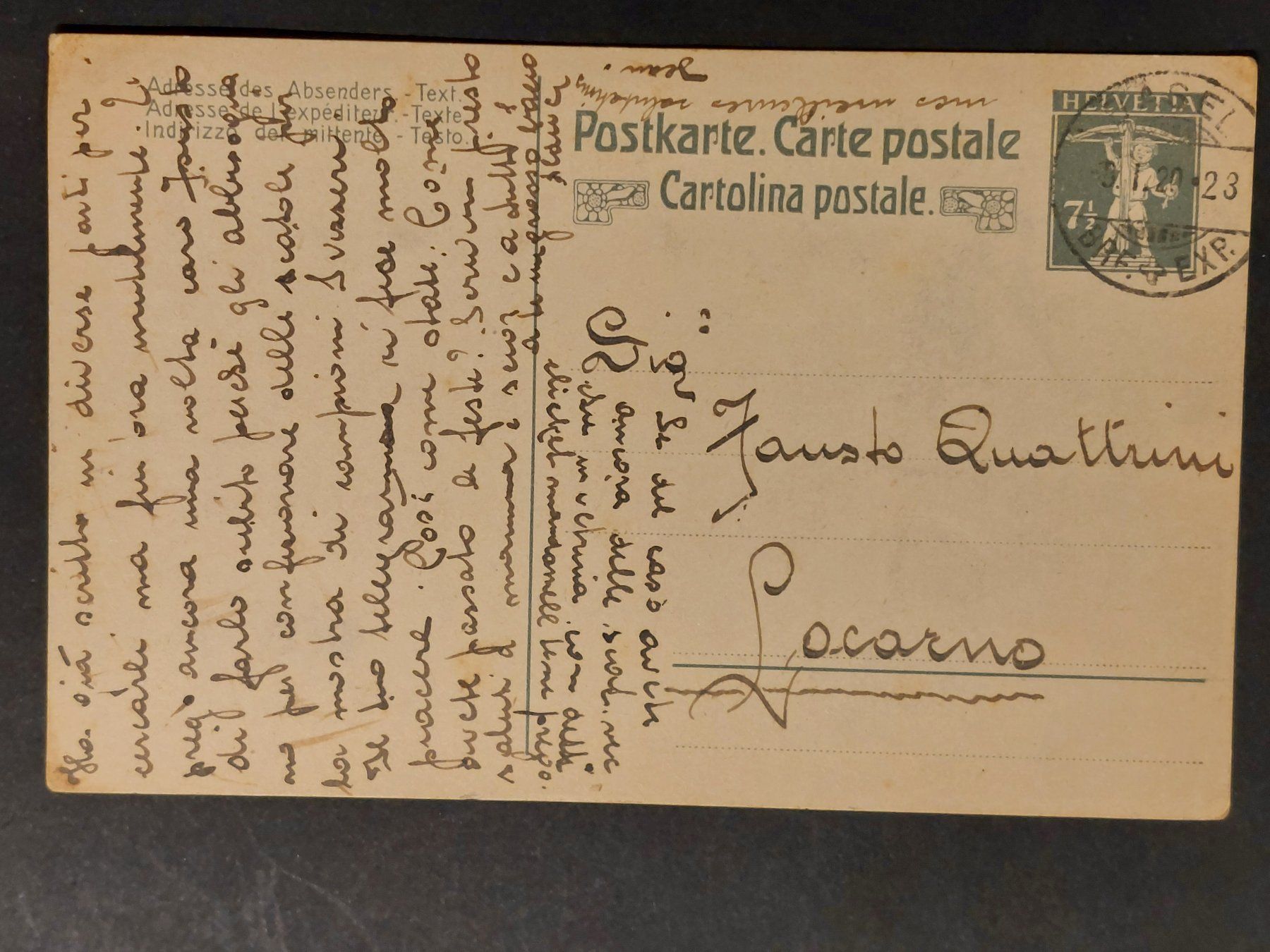 Tutti i francobolli: Postkarte 1920, Basel nach Locarno, 1920 – Usato da Obfelden venduto da Funke2