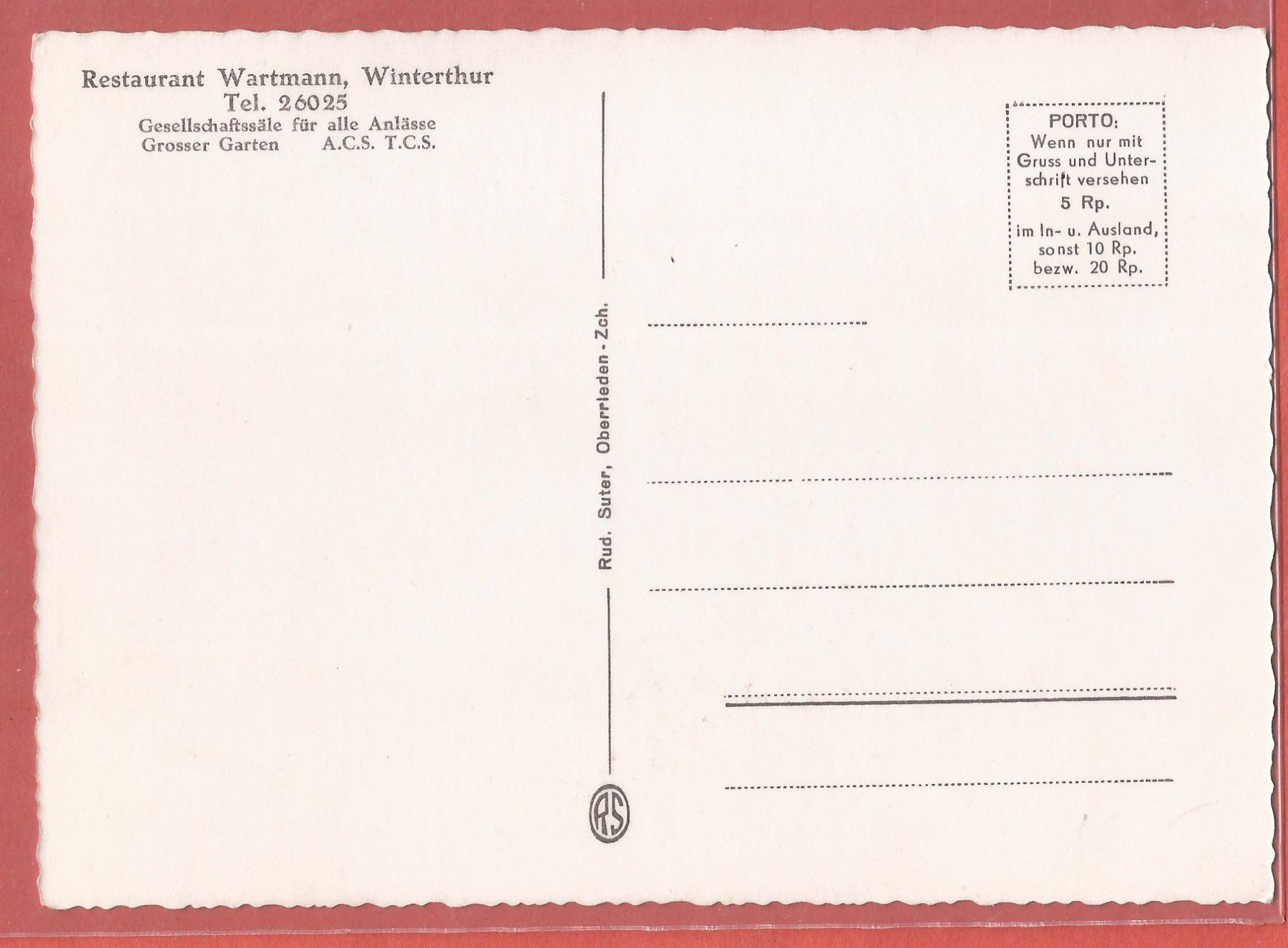 Cartoline postali: Winterthur - Restaurant Wartmann - ca. 1950 – Usato da Fislisbach venduto da Porano 1