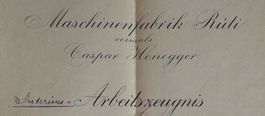 Historisches Arbeitszeugnis Maschinenfabrik Rüti 1928