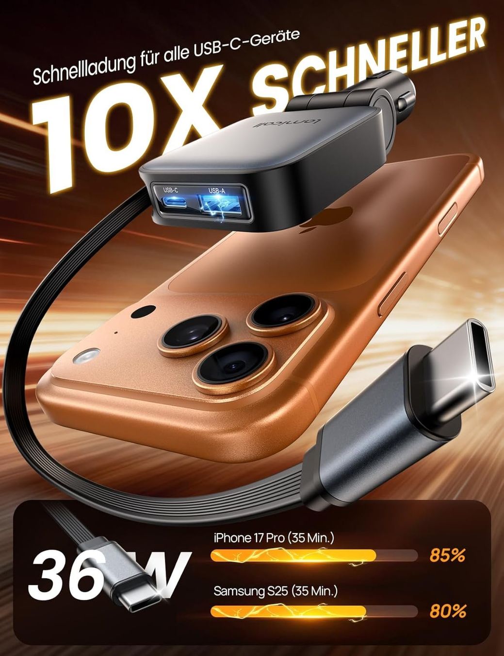Caricabatterie: Lamicall USB C Auto Ladegerät 63W 3in1 KFZ – Nuovo e nell'imballaggio originale da Suhr venduto da SchnapperCH 1