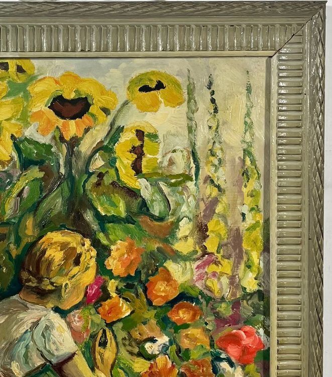 OELGEMÄLDE SIGNIERT MIT RAHMEN MÄDCHEN BEIM BLUMENPFLÜCKEN 4