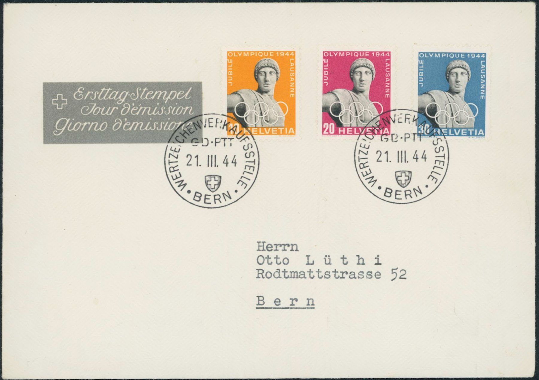 Tutti i francobolli: 1944 - Olympiade - Ersttagsbrief FDC ET - Gaudard – Usato da Schindellegi venduto da leecollect