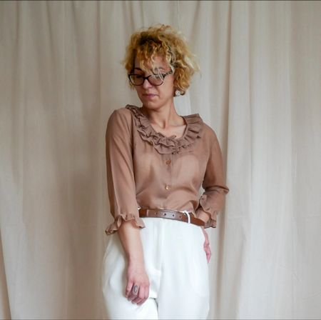 Rare vintage 50's romantic ruffled sheer tan blouse