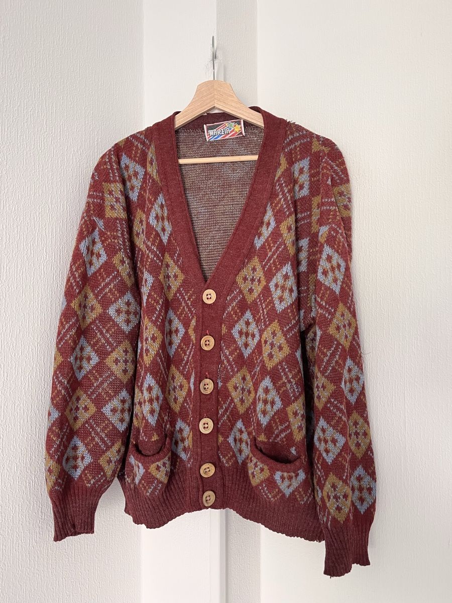 Maglioni & Felpe: Vintage Cardigan Marzia argyle pattern maroon men's size L  – Usato da Lausanne venduto da Danash