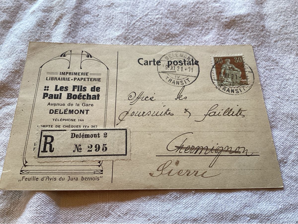 Cartoline postali: Delémont recommandé pour Sierre 1921 – Usato da Luc (Ayent) venduto da Rebouille