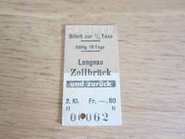 Billett Langnau-Zollbrück, gestempelt 29. Jan 65, Klebereste