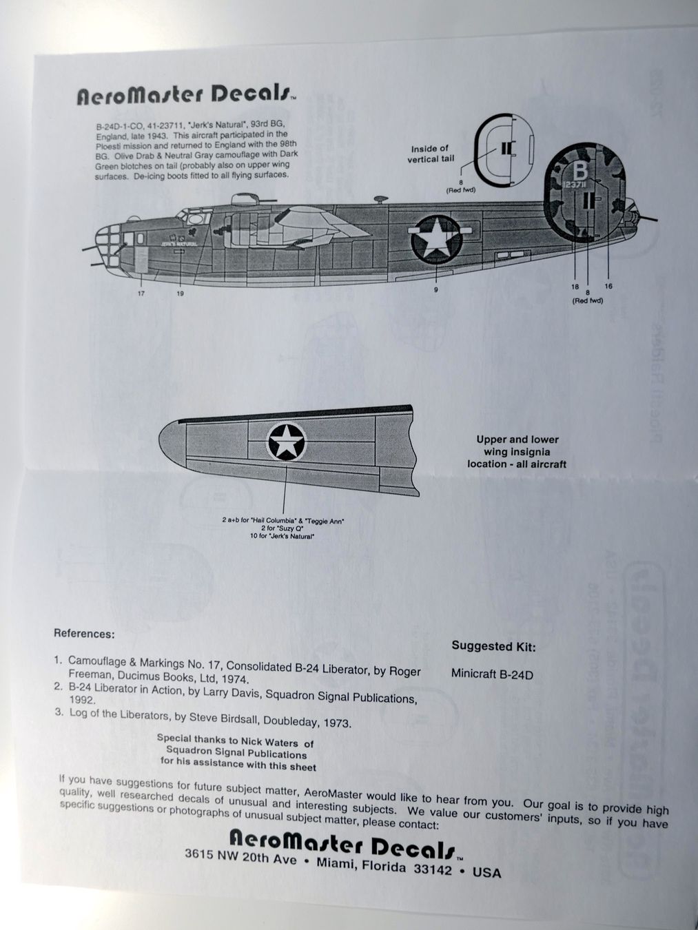 Kit di modellismo & Modellini statici: 1/72 B-24D Liberator Libya Mission 1943 - 4 Versionen Decals – Usato da Bassersdorf venduto da F-104fan 5