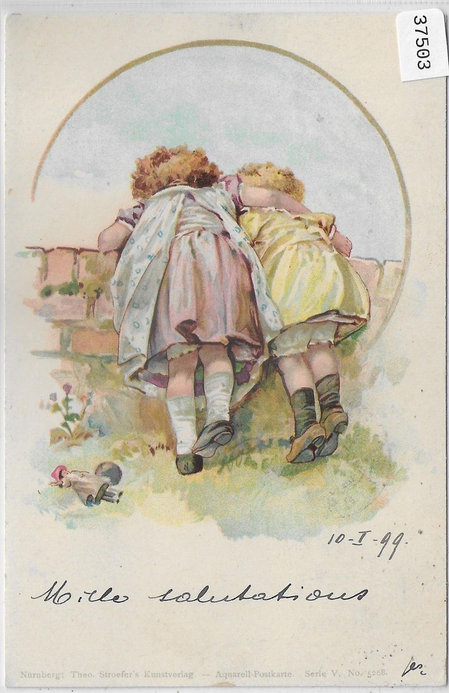 Cartoline postali: 2 kleine Mädchen über der Mauer - Litho 1899 – Usato da Ettingen venduto da Kartenplanet