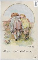 2 kleine Mädchen über der Mauer - Litho 1899