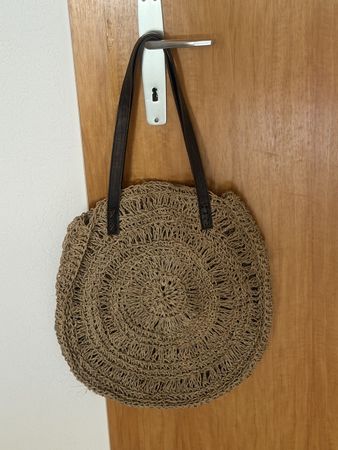 Sac rond osier tressé anses cuir marron