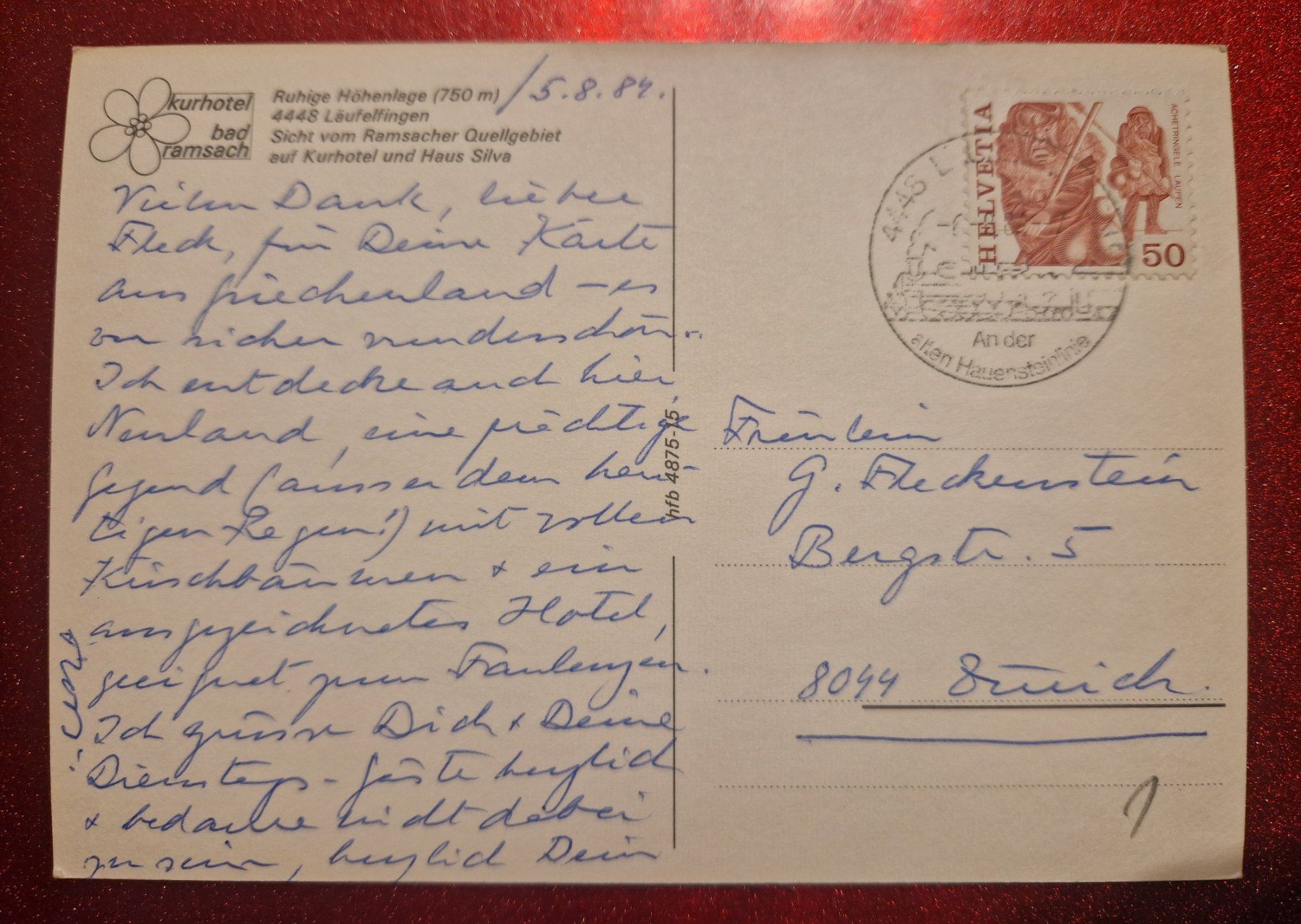 Cartoline postali: Läufelfingen Bad Ramsach Kurhotel 1984 – Usato da Melchnau venduto da Fishel 1