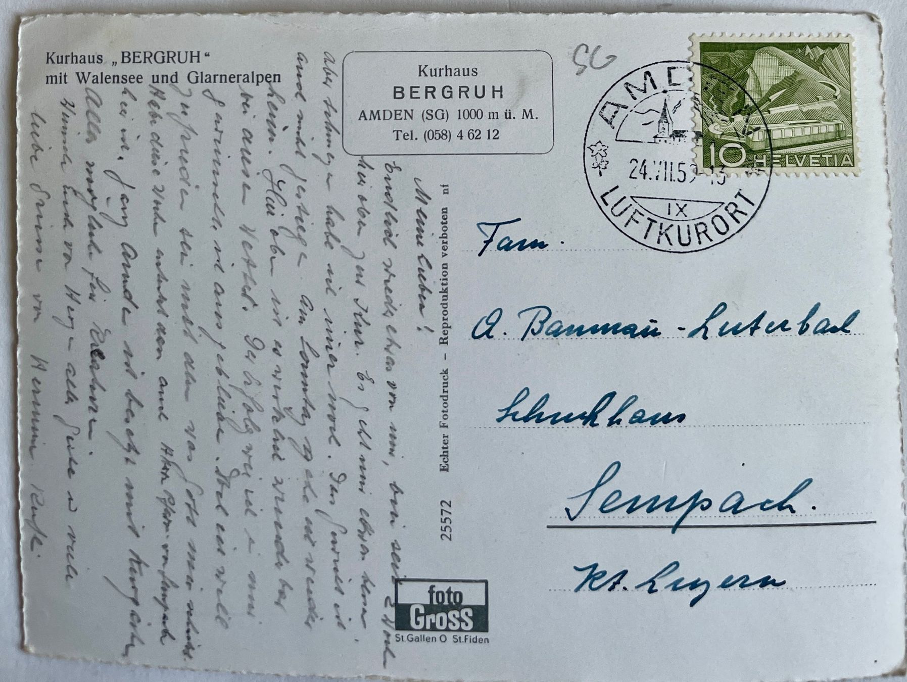 Cartoline postali: AMDEN - Kurhaus "BERGRUH"  1959 – Usato da Lutry venduto da Ediego 1
