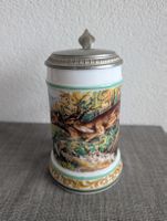 Bierkrug BMF mit Jagdmotiv und Zinndeckel