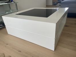 White coffee table with dark glass top 90x90x36cm