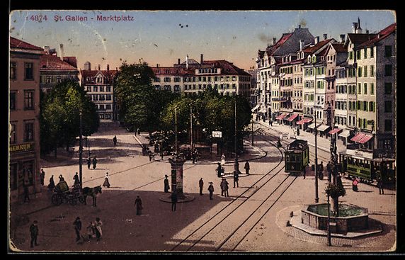 Ansichtskarten: Lithographie St. Gallen, Marktplatz mit Straßenbahn – Gebraucht aus Berlin von bartko-reher