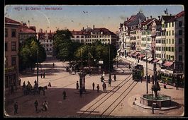 Lithographie St. Gallen, Marktplatz mit Straßenbahn