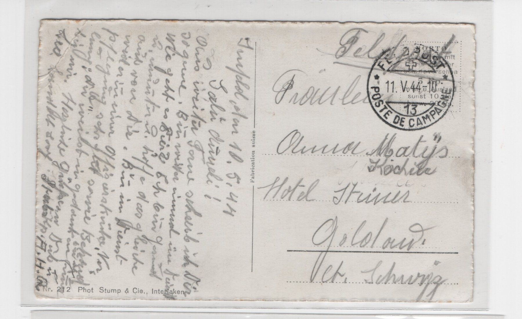 Cartoline postali: Ansichtsk. Interlaken 11.V.1944 Militär mit Feldpost Stempel – Usato da Gordola venduto da tist 1