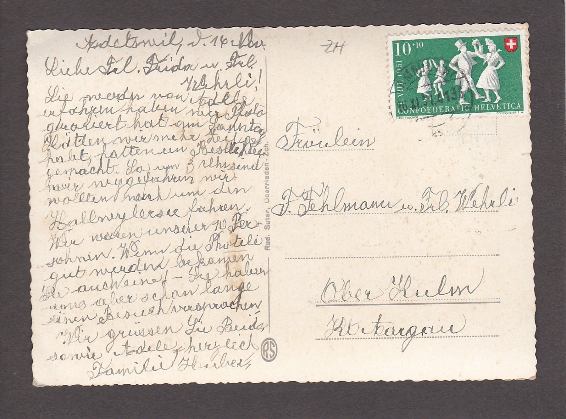 Cartoline postali: ADETSWIL bei Bäretswil, 1951 – Usato da Reiden venduto da cinfis 1