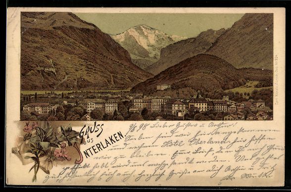 Cartoline postali: Litho Interlaken, Ortspanorama mit Bergb – Usato da Berlin venduto da bartko-reher