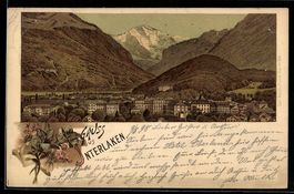 Litho Interlaken, Ortspanorama mit Bergb