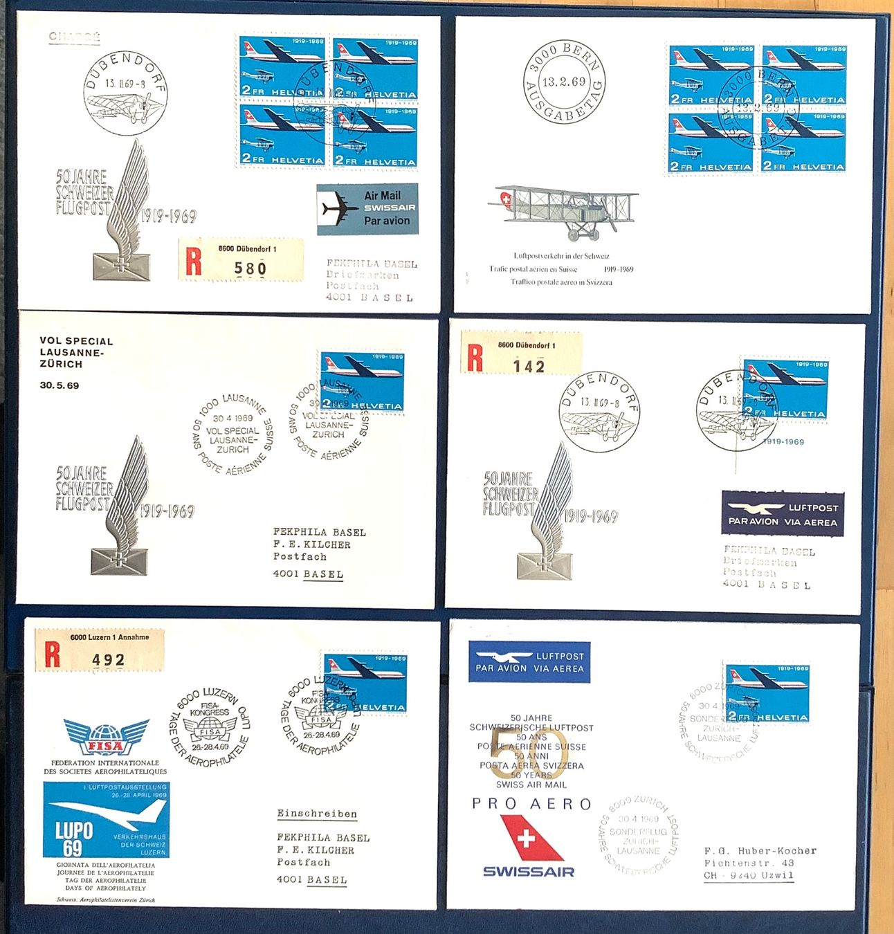 Tutti i francobolli: 1969 Schweiz 50 Jahre Schweizer Flugpost FDC + Div.Briefe – Usato da Liestal venduto da Skunk02