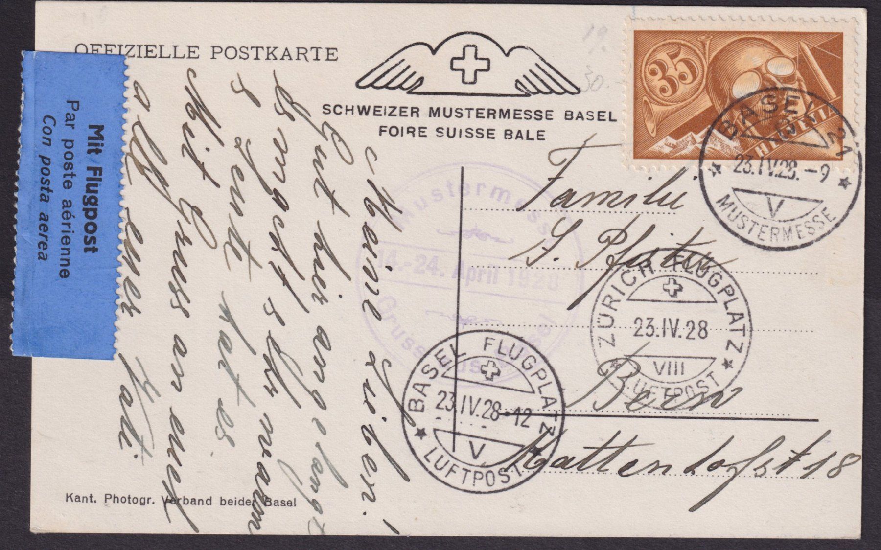 Alle Briefmarken: SCHWEIZ 1928, AK "Mustermesse Basel", Flugpost – Gebraucht aus Meyriez von Fuewa