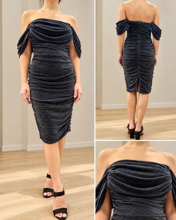 Damen Abendkleid schwarz glitzernd schulterfrei midi