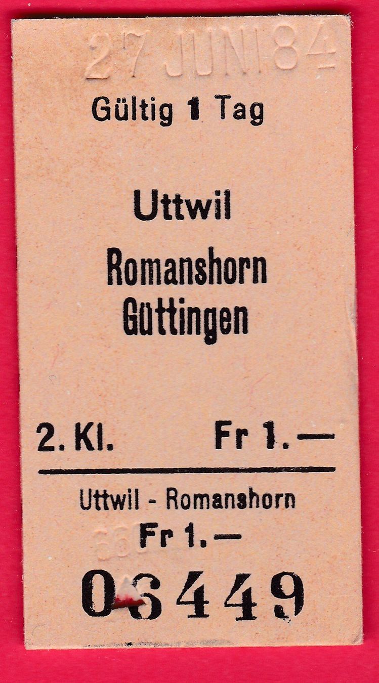 Billets: KARTON BILLETT, UTTWIL - GÜTTINGEN, 2.KLASSE, EINFACH – D'occasion à Oberrieden par Gebirgsstelze